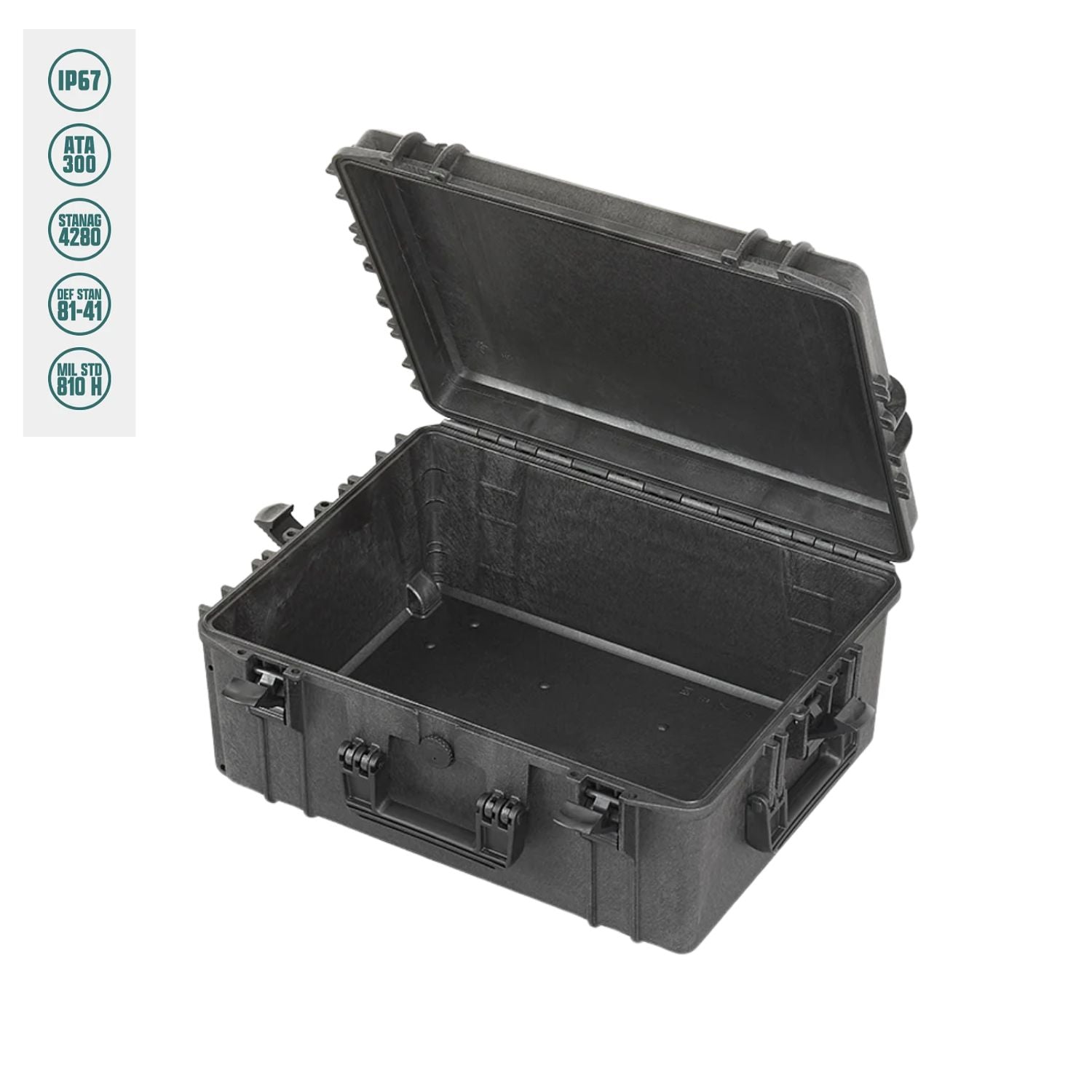 Black hard plastic waterproof case with open lid and molded foam interior.
